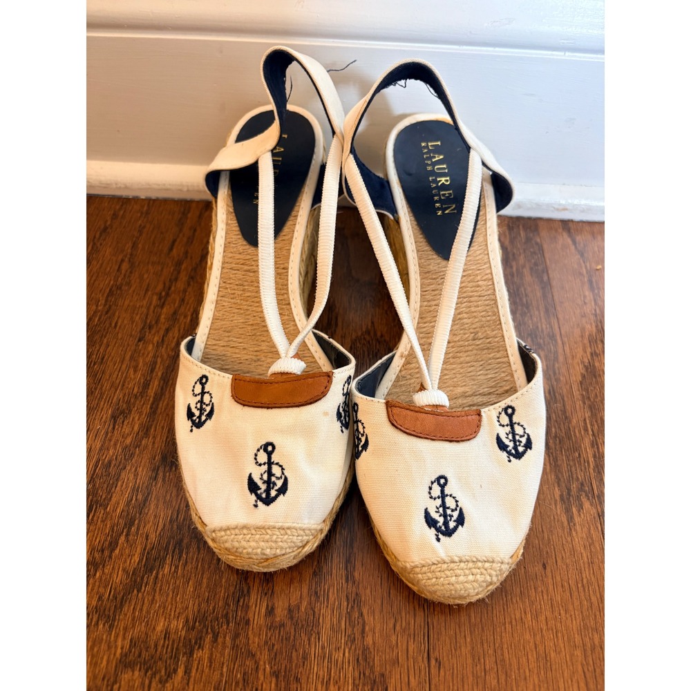 Lauren Ralph Lauren Espadrille Wedges Cream Navy Anchor Nautical Coastal 7.5B